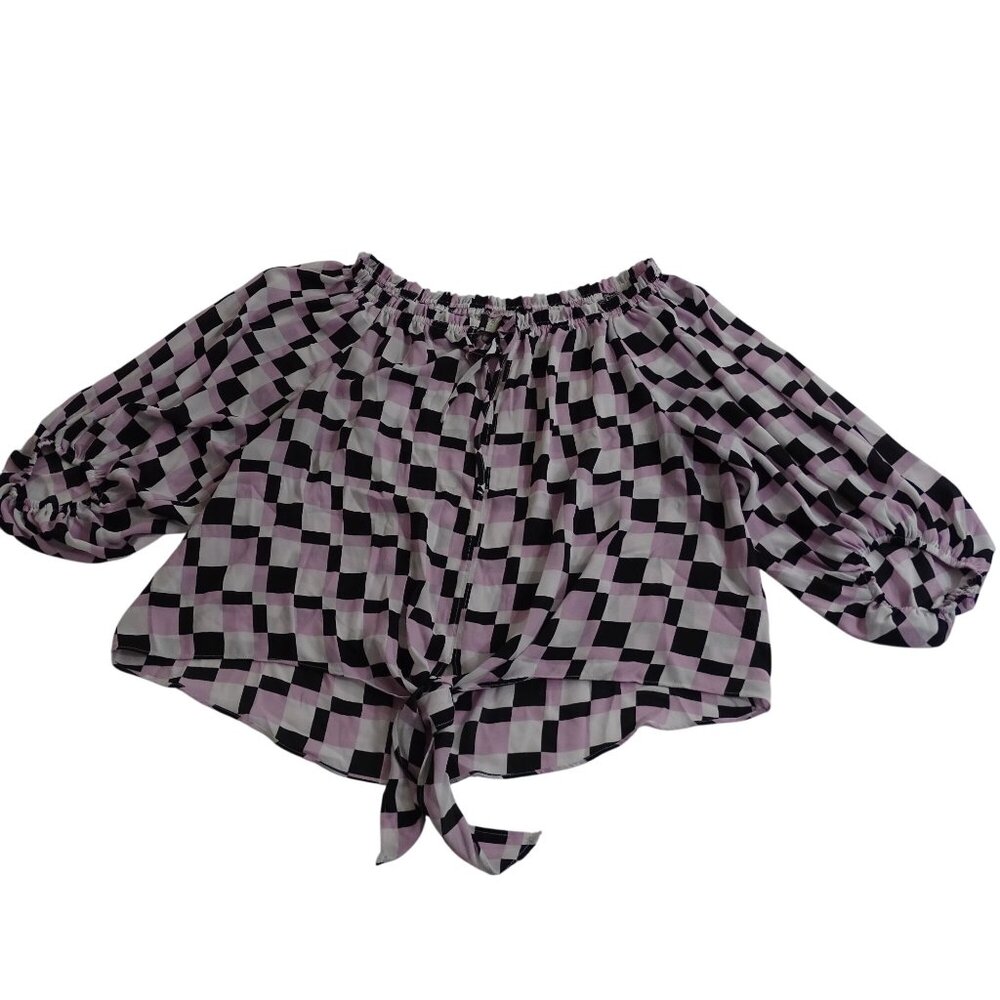 Cato Off-Shoulder Tie Front Pink Black Checkered Top Women Size L Half Sleeve